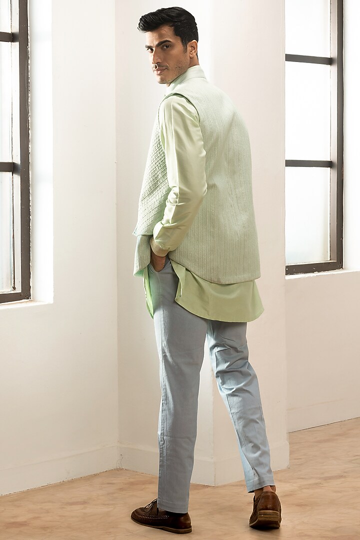 Light Green Cotton Bundi Jacket by Kunal Anil Tanna at Pernia's Pop Up Shop
