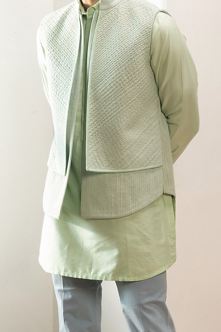 Light Green Cotton Bundi Jacket by Kunal Anil Tanna at Pernia's Pop Up Shop