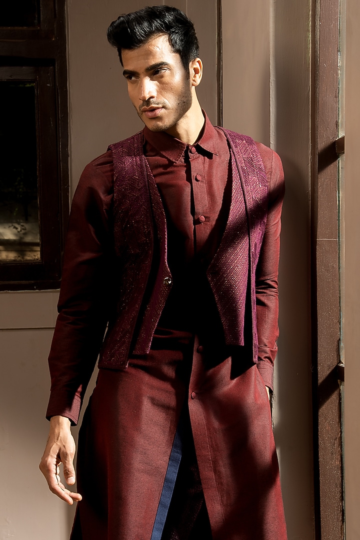 Dark Wine Cotton Jacket Set by Kunal Anil Tanna at Pernia's Pop Up Shop