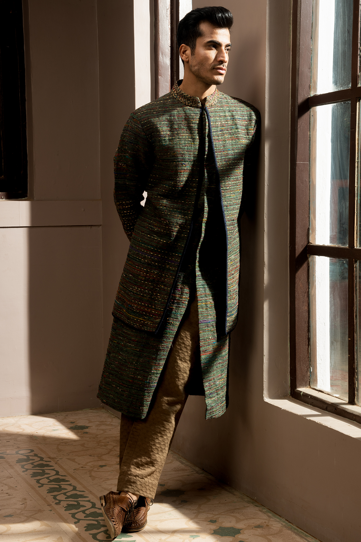 Forest Green Achkan Jacket Set by Kunal Anil Tanna