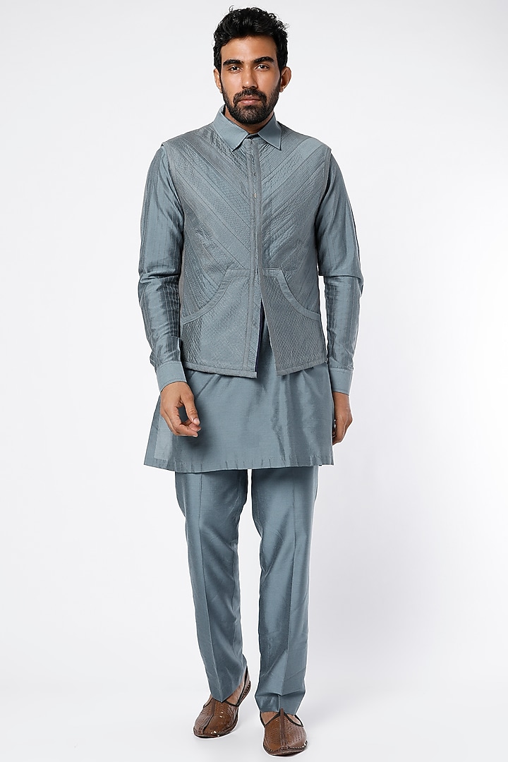 Teal Blue Kurta Set With Bundi Jacket by Kunal Anil Tanna at Pernia's Pop Up Shop
