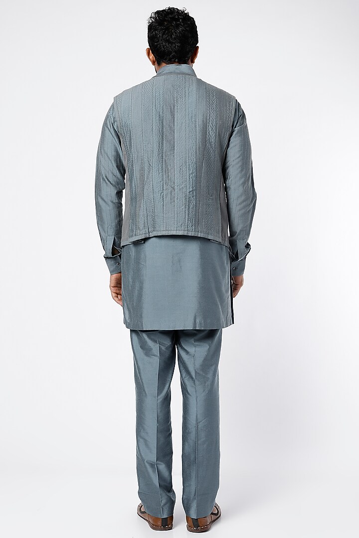 Teal Blue Kurta Set With Bundi Jacket by Kunal Anil Tanna at Pernia's Pop Up Shop
