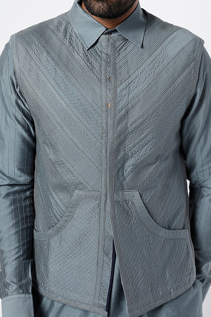 Teal Blue Kurta Set With Bundi Jacket by Kunal Anil Tanna at Pernia's Pop Up Shop