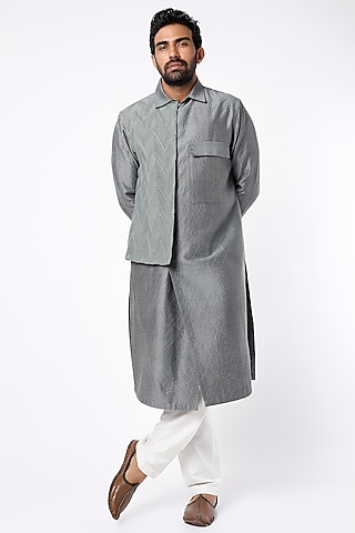 Grey Textured Kurta Set With Jacket by Kunal Anil Tanna