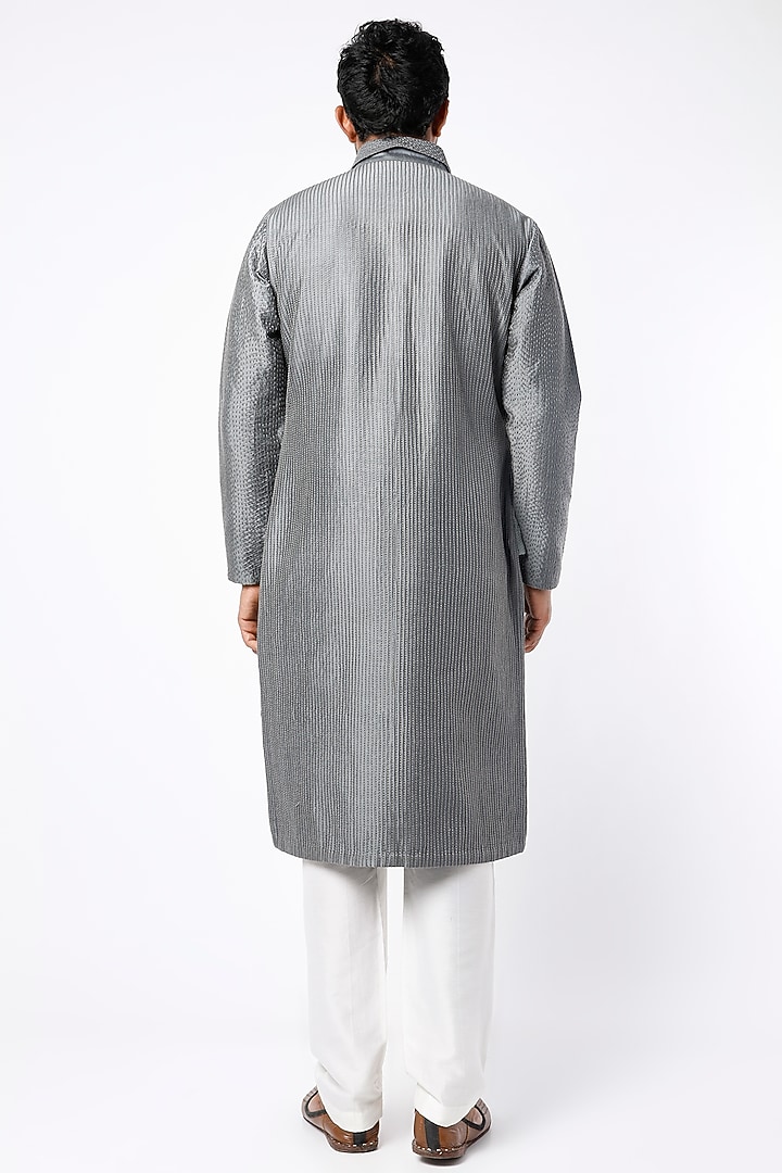 Grey Textured Kurta Set With Jacket by Kunal Anil Tanna at Pernia's Pop Up Shop