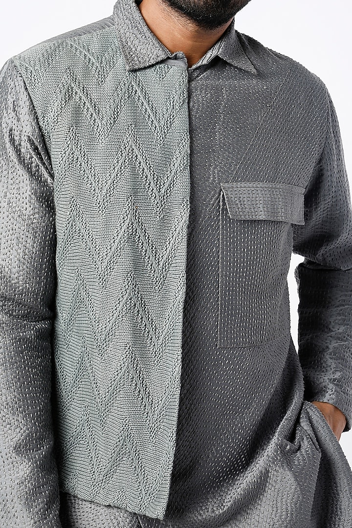 Grey Textured Kurta Set With Jacket by Kunal Anil Tanna at Pernia's Pop Up Shop
