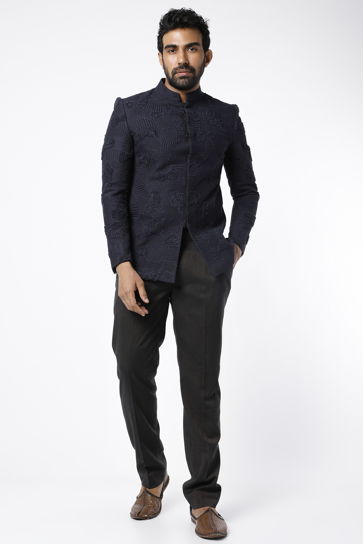 Navy Blue Embroidered Bandhgala Jacket Set by Kunal Anil Tanna