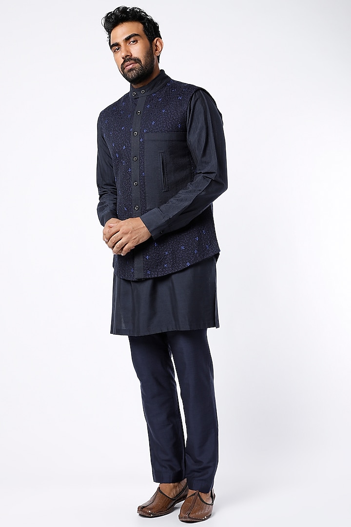 Deep Blue Kurta Set With Bundi Jacket by Kunal Anil Tanna at Pernia's Pop Up Shop