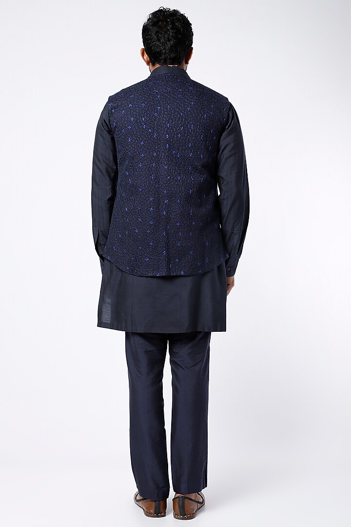Deep Blue Kurta Set With Bundi Jacket by Kunal Anil Tanna at Pernia's Pop Up Shop
