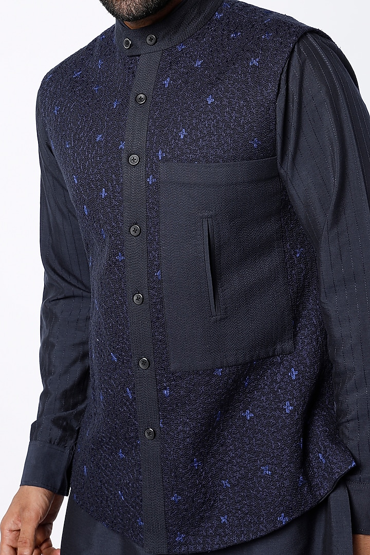 Deep Blue Kurta Set With Bundi Jacket by Kunal Anil Tanna at Pernia's Pop Up Shop