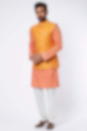 Coral Kurta Set With Orange Bundi Jacket by Kunal Anil Tanna at Pernia's Pop Up Shop