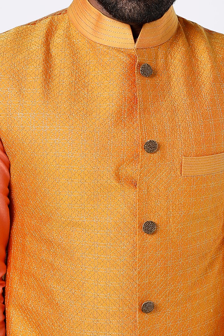 Coral Kurta Set With Orange Bundi Jacket by Kunal Anil Tanna at Pernia's Pop Up Shop