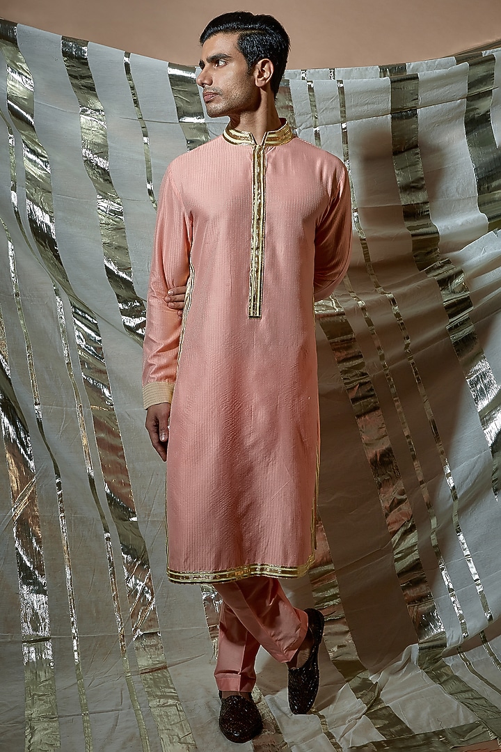 Peach Cotton & Silk Gota Patch Work Kurta Set by Kunal Anil Tanna at Pernia's Pop Up Shop