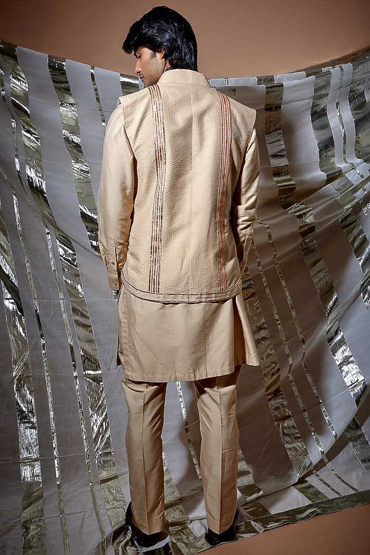 Beige Silk Bundi Jacket With Kurta Set by Kunal Anil Tanna at Pernia's Pop Up Shop