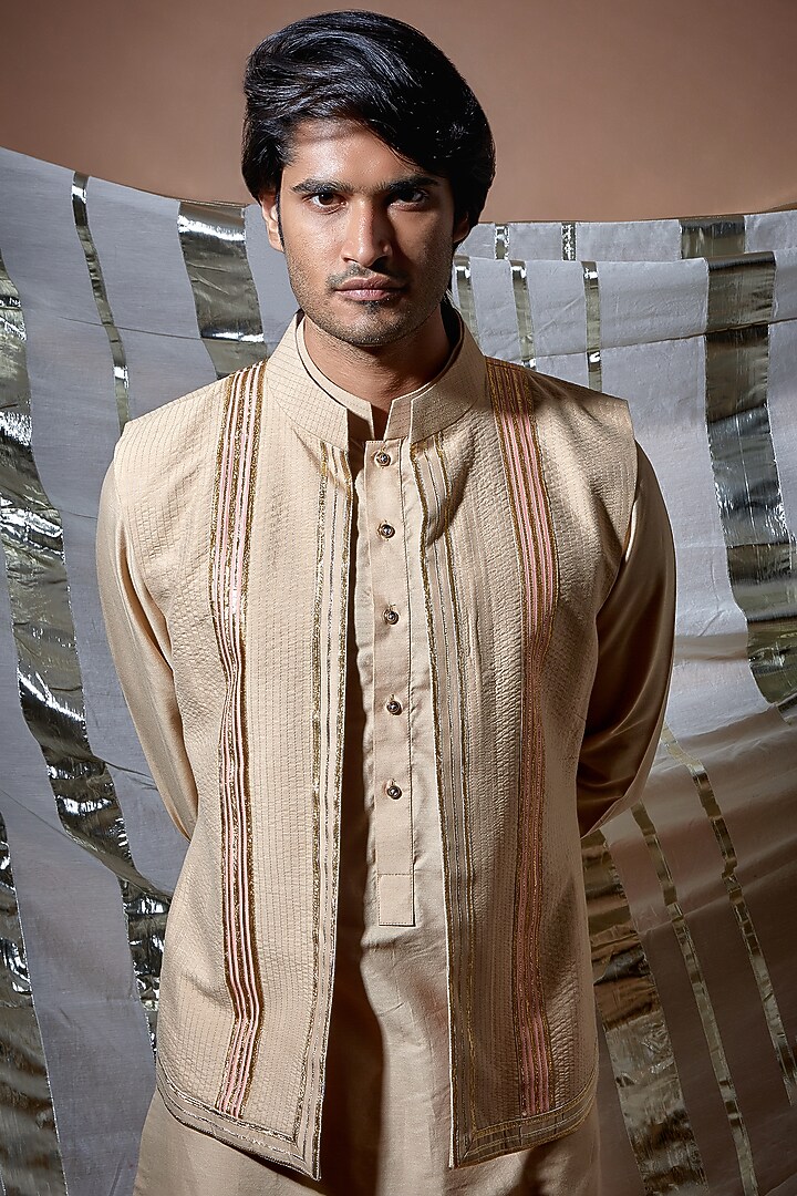 Beige Silk Bundi Jacket With Kurta Set by Kunal Anil Tanna at Pernia's Pop Up Shop