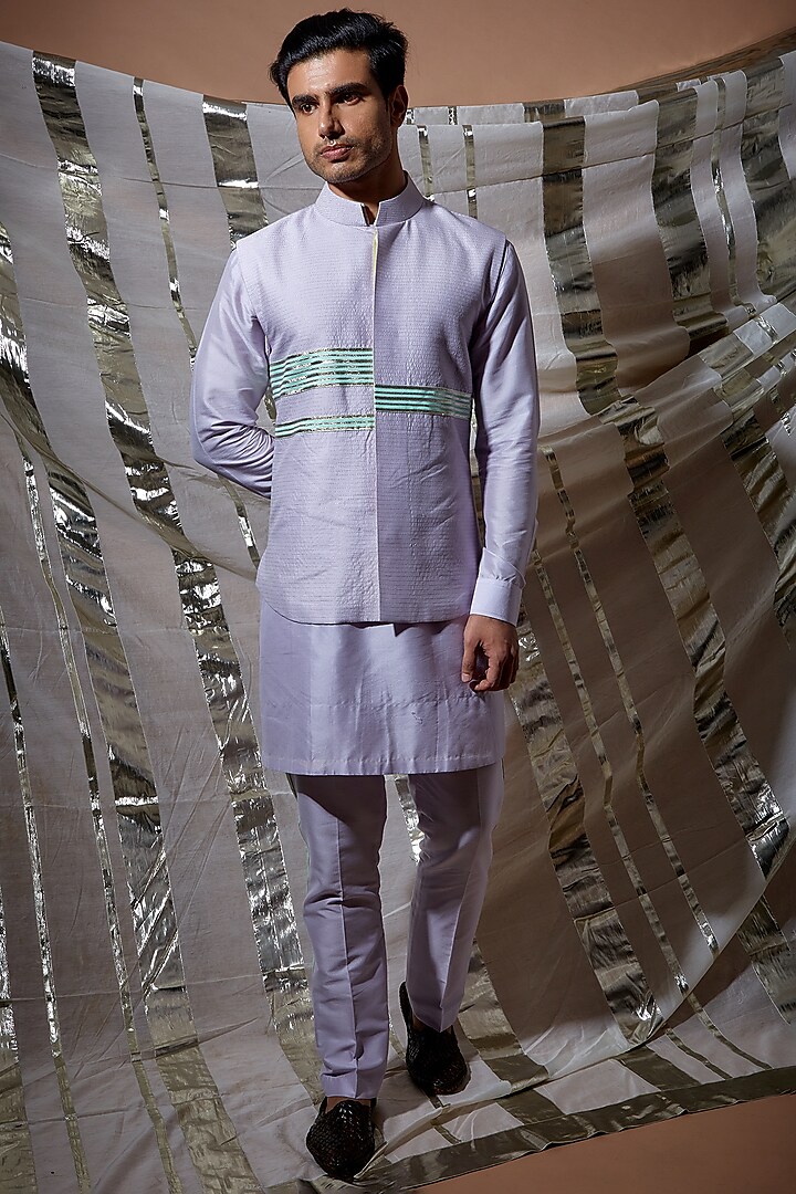 Lilac Cotton Bundi Jacket With Kurta Set by Kunal Anil Tanna