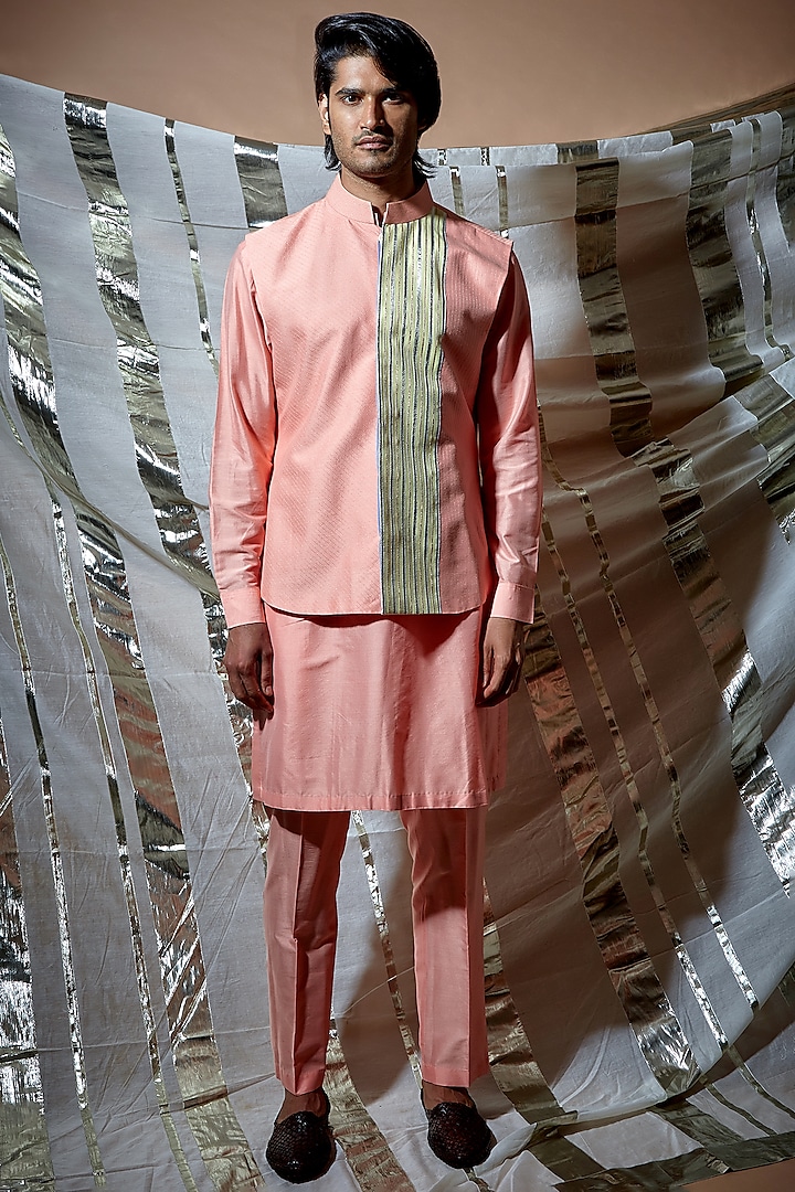 Peach Silk Bundi Jacket With Kurta Set by Kunal Anil Tanna