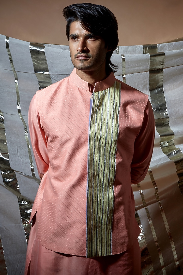 Peach Silk Bundi Jacket With Kurta Set by Kunal Anil Tanna at Pernia's Pop Up Shop