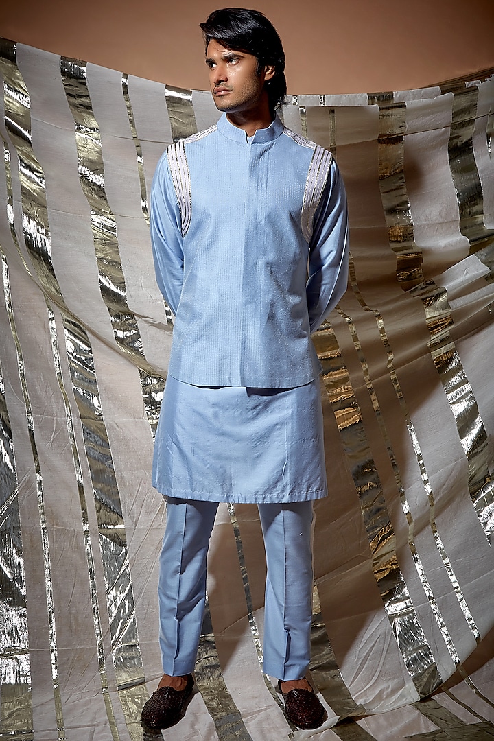 Blue Cotton Bundi Jacket With Kurta Set by Kunal Anil Tanna