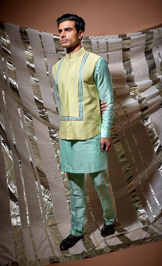 Yellow Cotton Bundi Jacket With Kurta Set by Kunal Anil Tanna