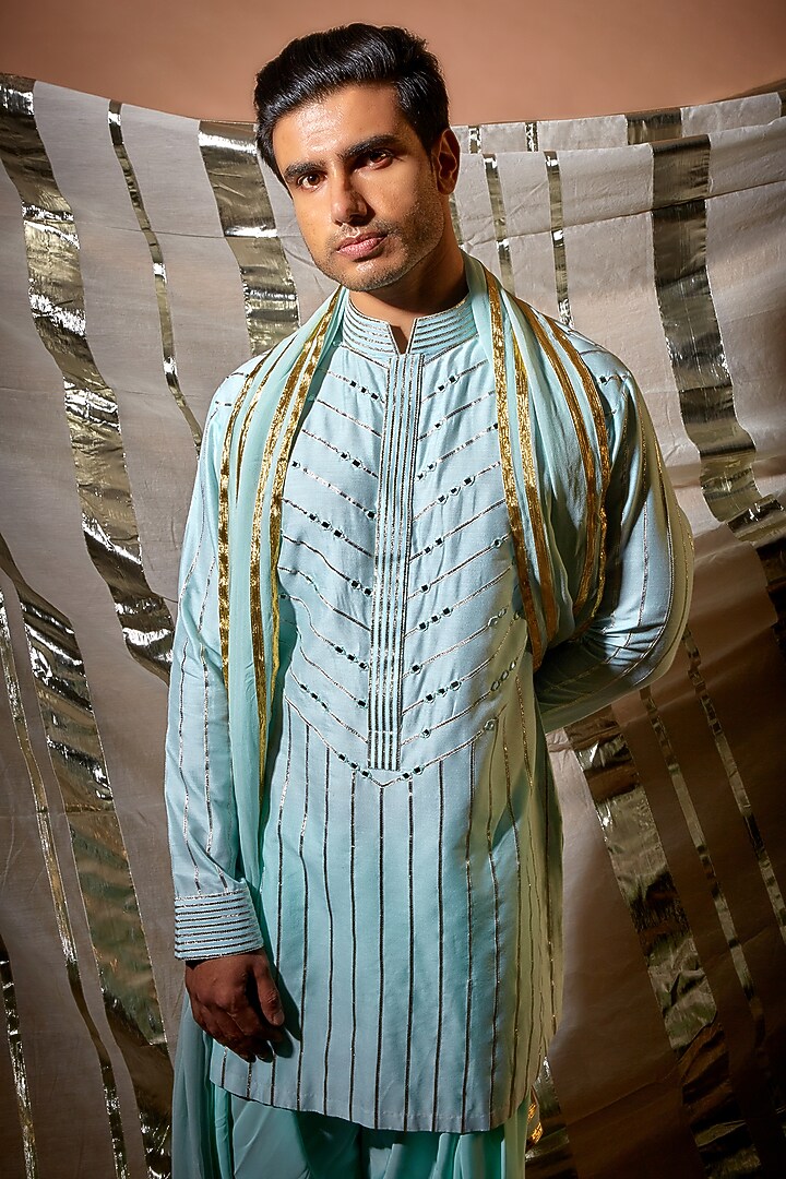 Blue Silk Kurta Set by Kunal Anil Tanna at Pernia's Pop Up Shop