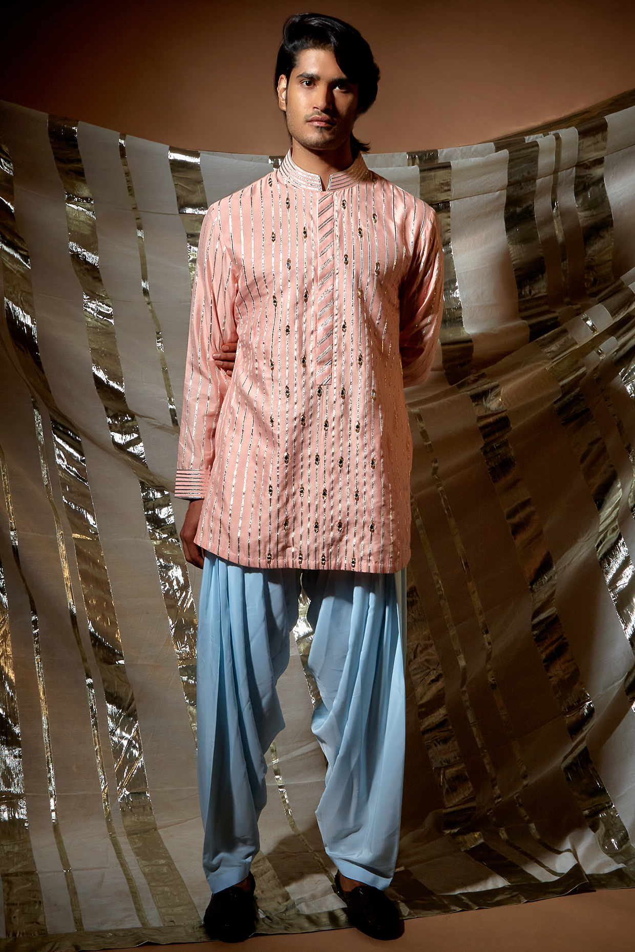 Peach Cotton & Silk Mirror Work Short Kurta Set by Kunal Anil Tanna