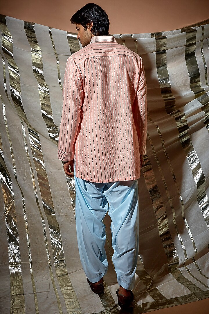 Peach Cotton & Silk Mirror Work Short Kurta Set by Kunal Anil Tanna at Pernia's Pop Up Shop