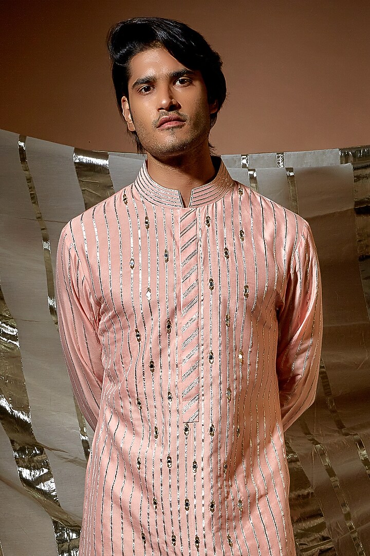 Peach Cotton & Silk Mirror Work Short Kurta Set by Kunal Anil Tanna at Pernia's Pop Up Shop