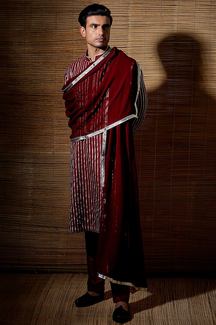 Maroon Silk Kurta Set by Kunal Anil Tanna