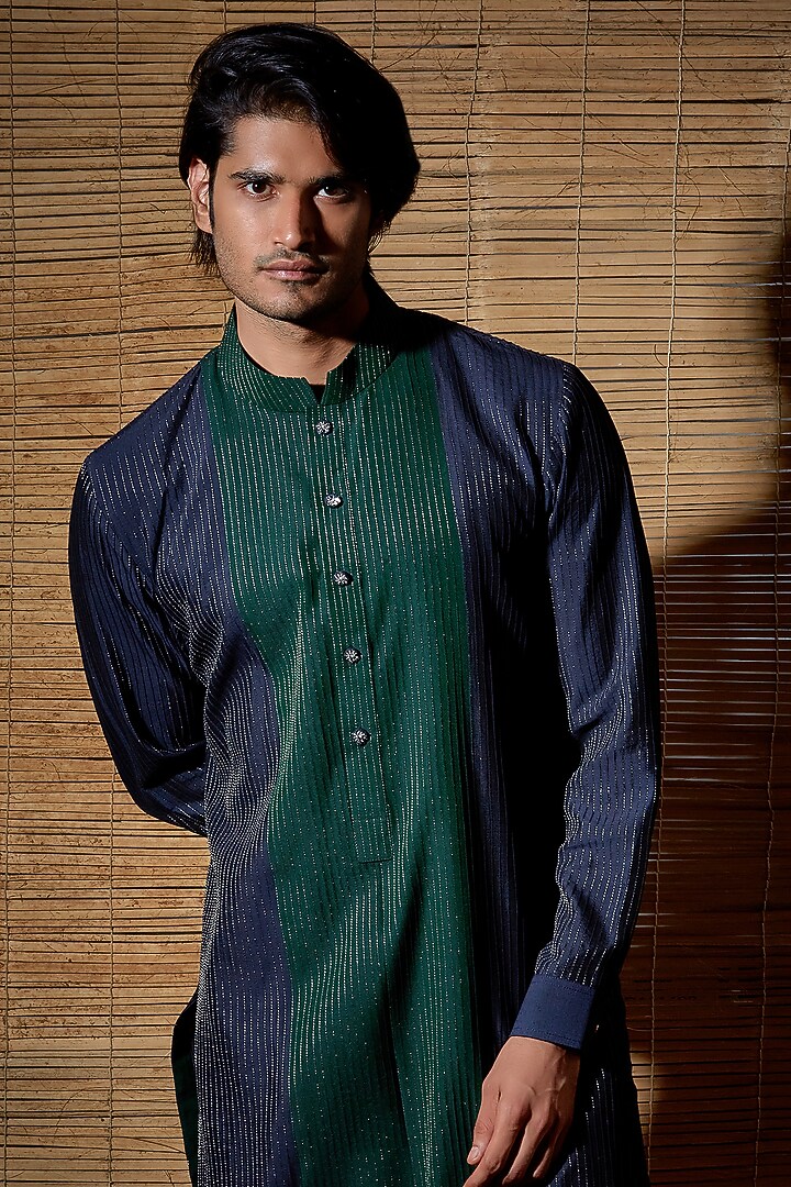 Dark Blue Cotton Kurta Set by Kunal Anil Tanna at Pernia's Pop Up Shop