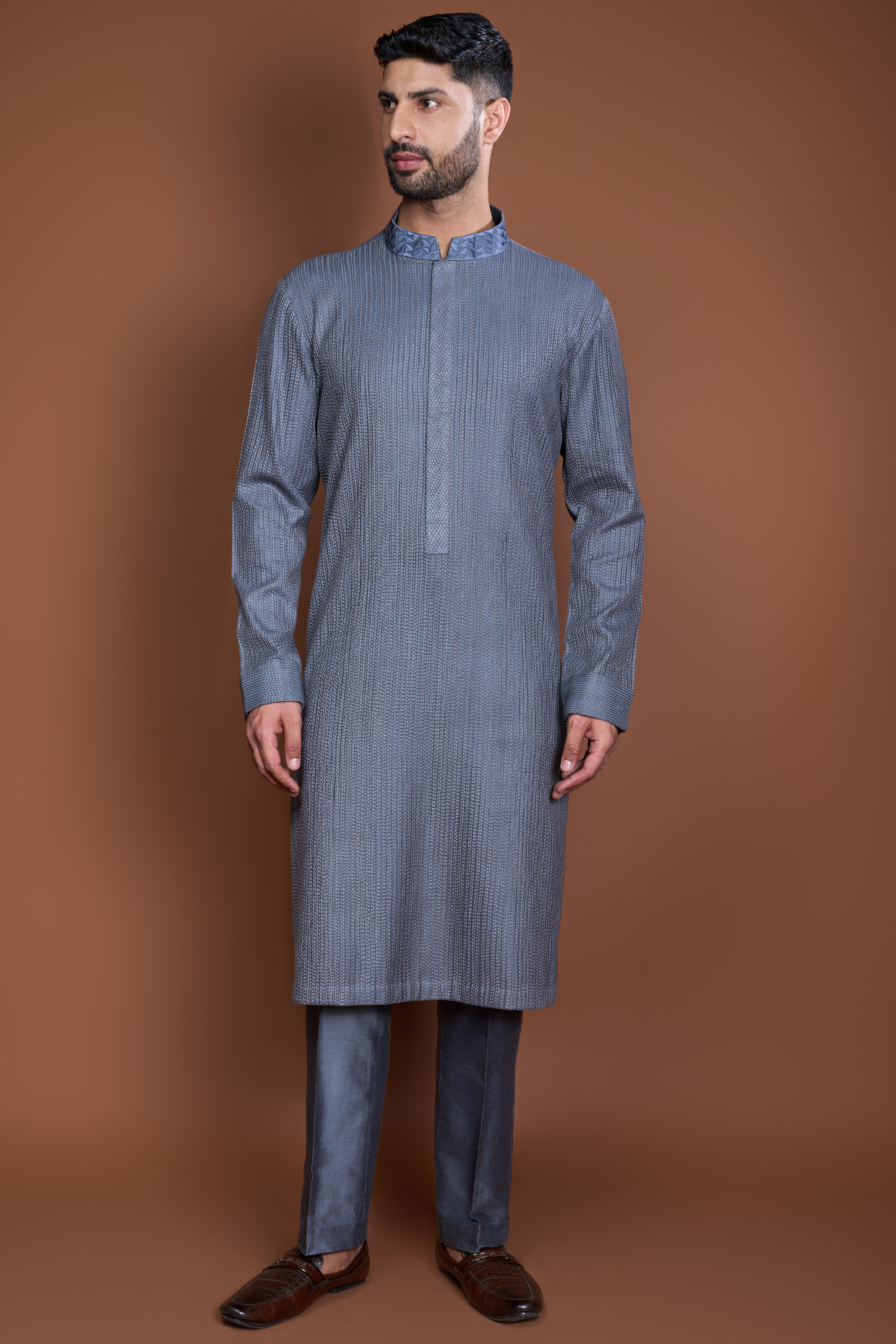 Grey Cotton Resham Embroidered Kurta Set by Kunal Anil Tanna