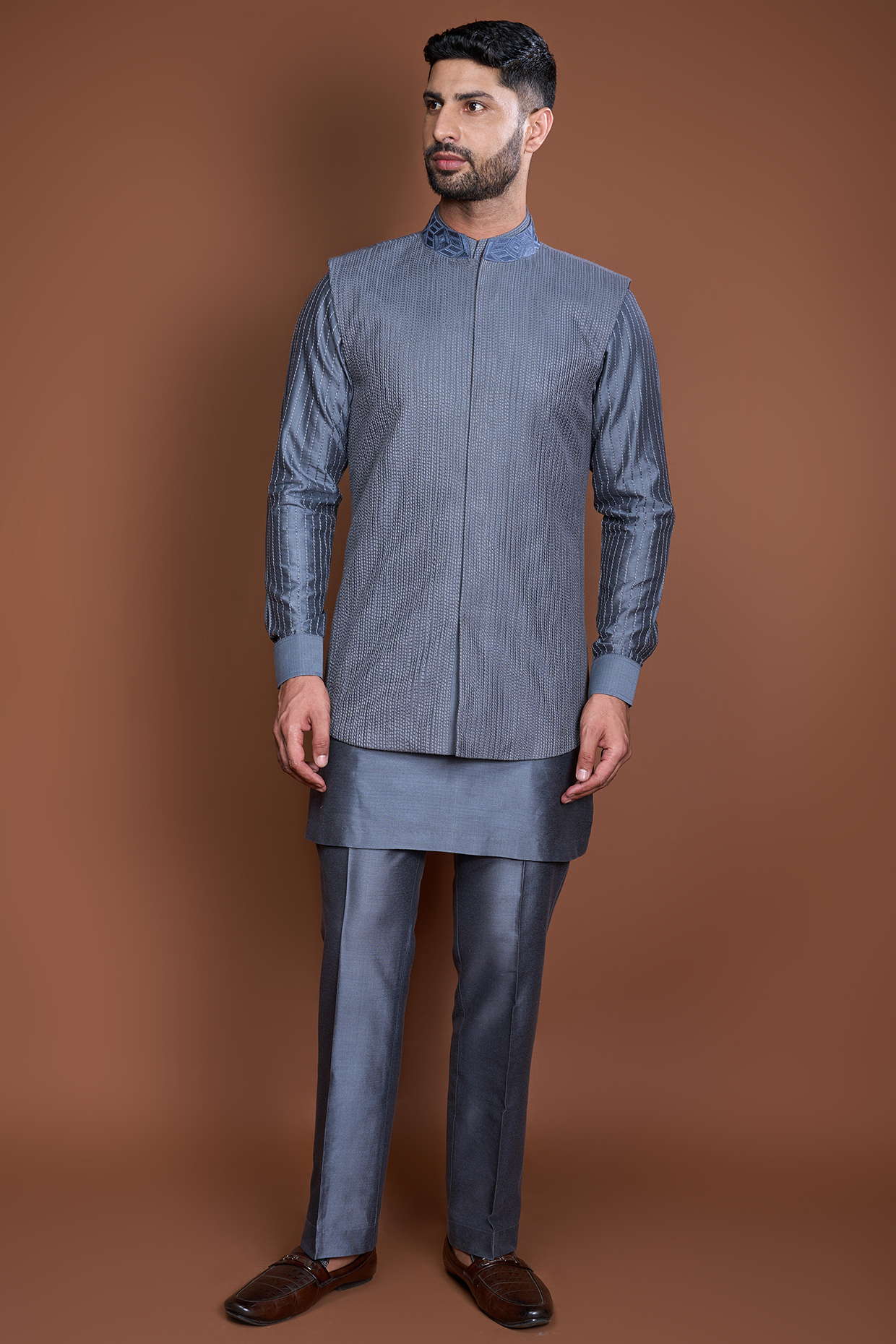 Grey Cotton Embroidered Bundi Jacket Set by Kunal Anil Tanna