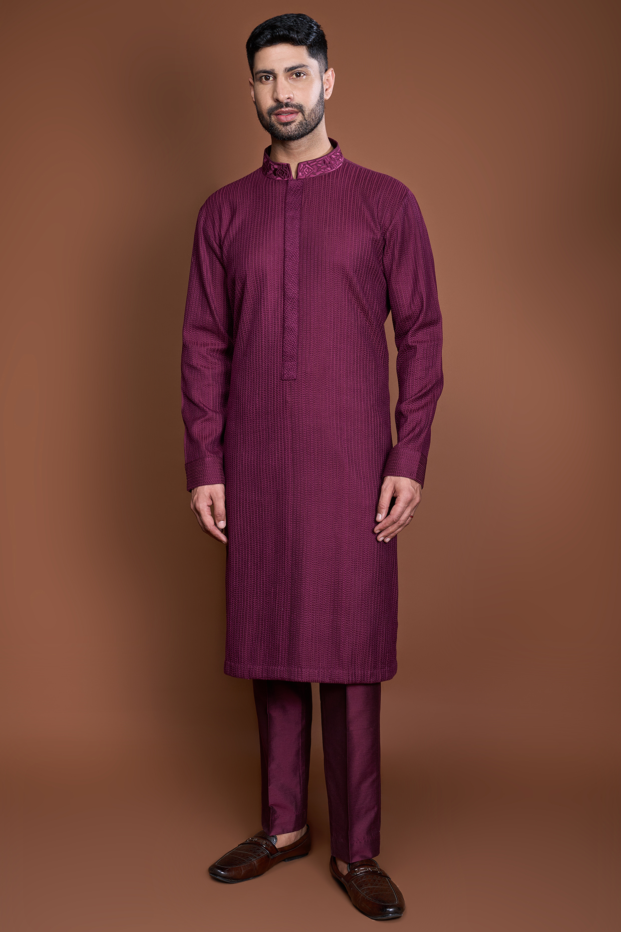 Wine Cotton Resham Embroidered Kurta Set by Kunal Anil Tanna