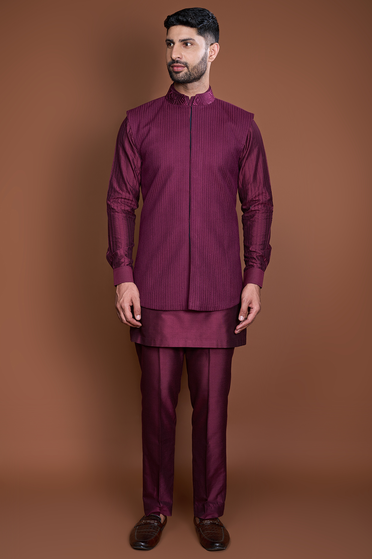 Wine Cotton Embroidered Bundi Jacket Set by Kunal Anil Tanna