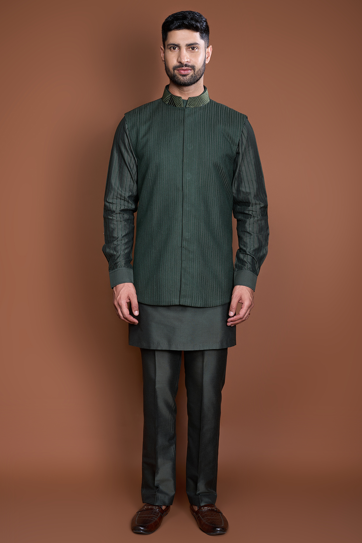 Dark Green Cotton Embroidered Bundi Jacket Set by Kunal Anil Tanna
