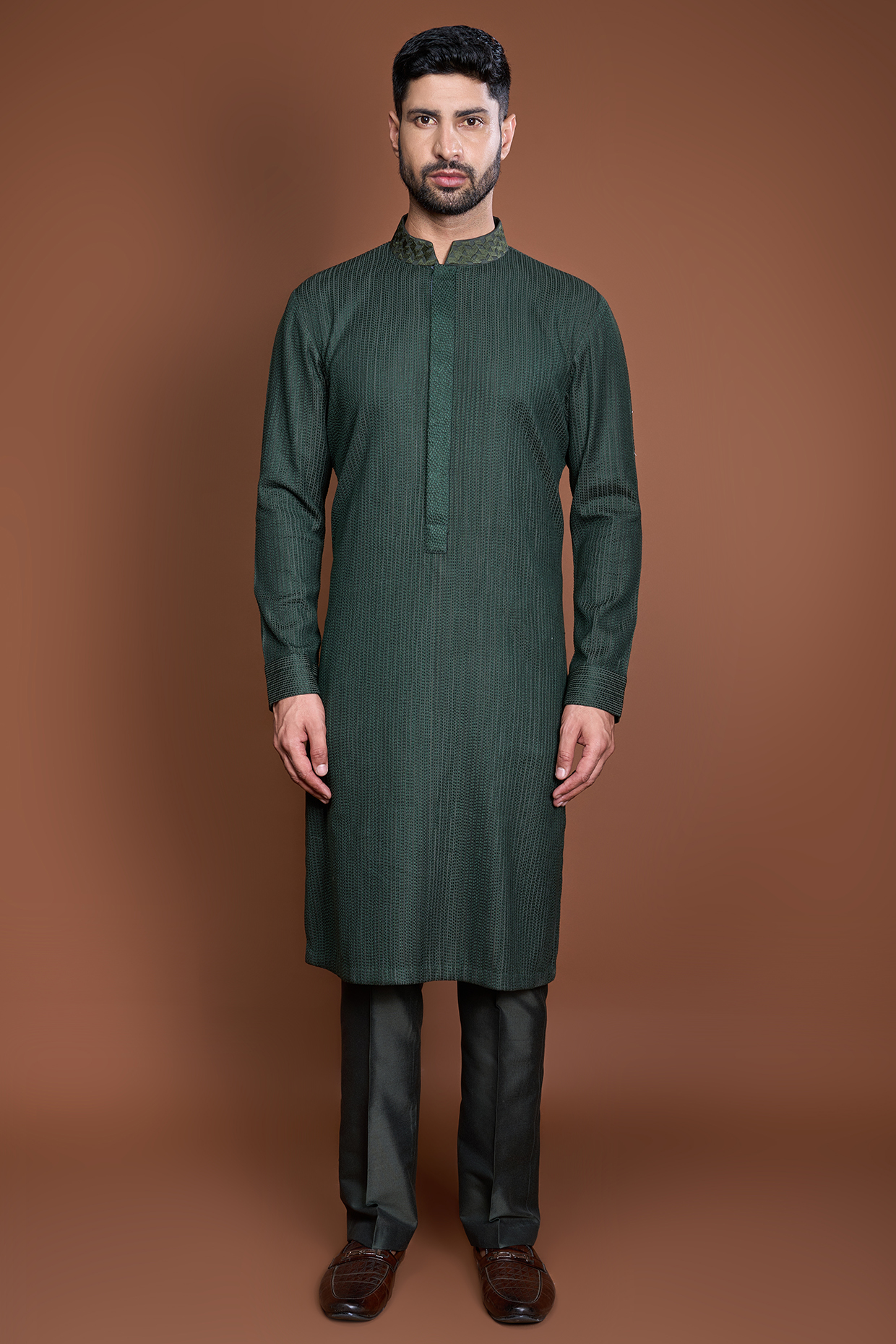 Dark Green Cotton Resham Embroidered Kurta Set by Kunal Anil Tanna