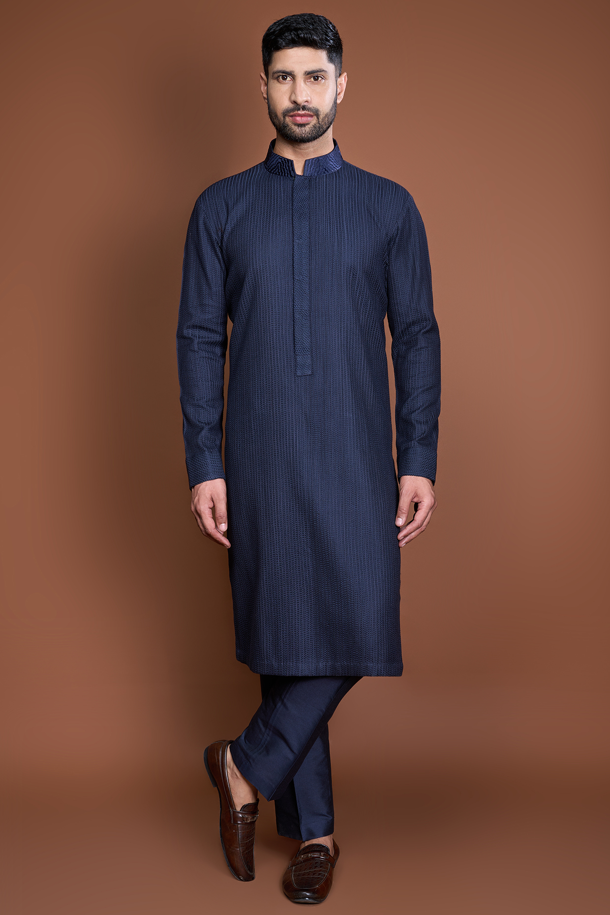 Dark Blue Cotton Resham Embroidered Kurta Set by Kunal Anil Tanna