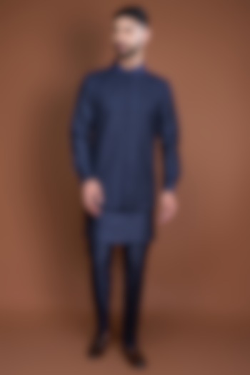 Dark Blue Cotton Embroidered Bundi Jacket Set by Kunal Anil Tanna