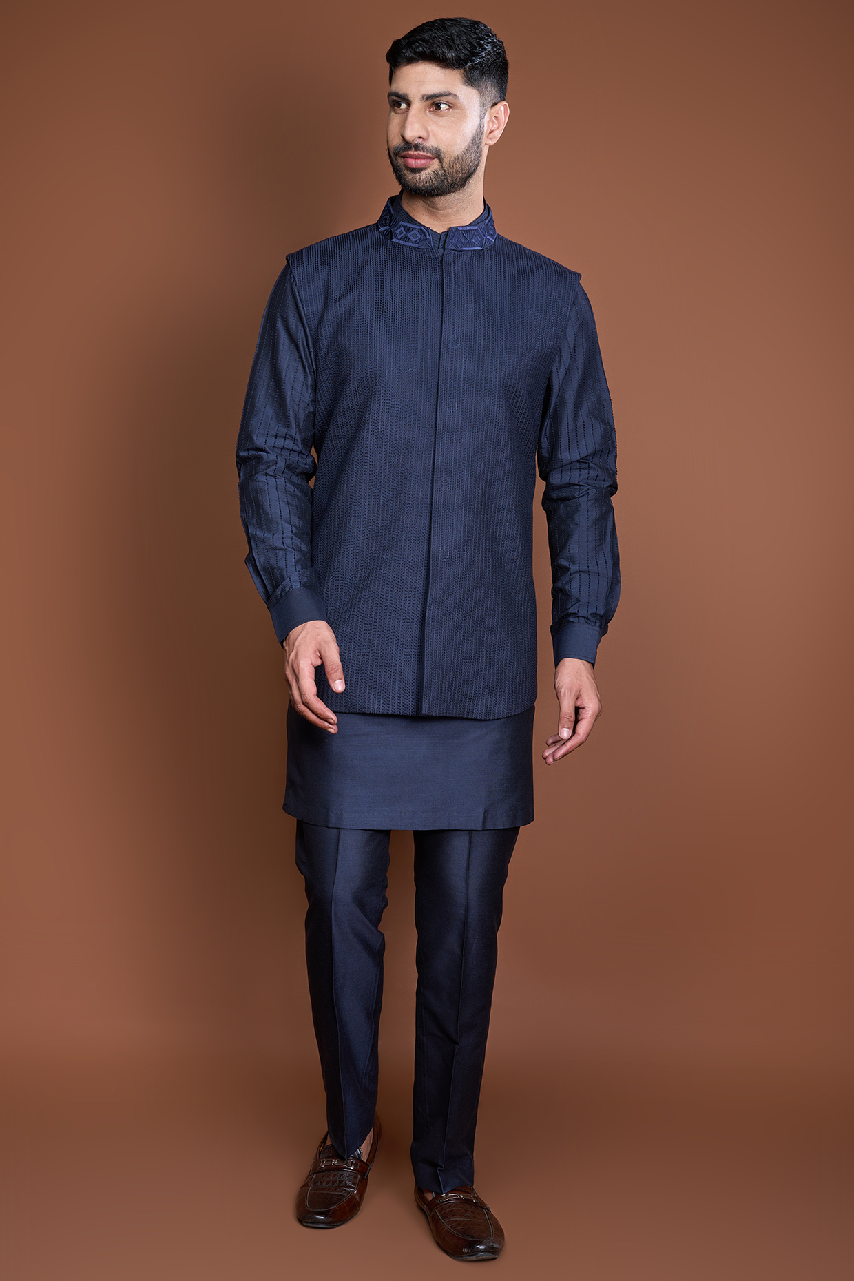 Dark Blue Cotton Embroidered Bundi Jacket Set by Kunal Anil Tanna
