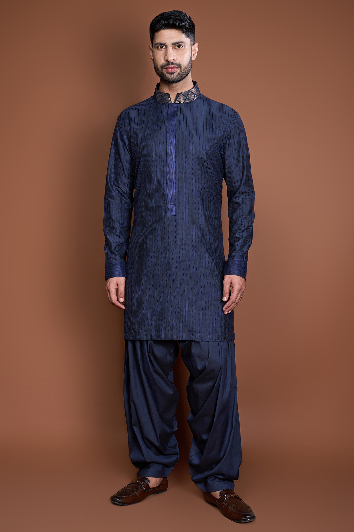 Dark Blue Cotton Thread Textured Kurta Set by Kunal Anil Tanna