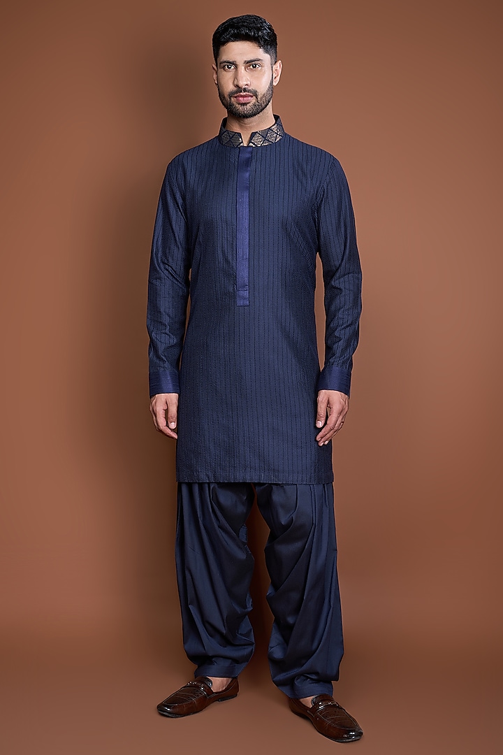 Dark Blue Cotton Thread Textured Kurta Set by Kunal Anil Tanna