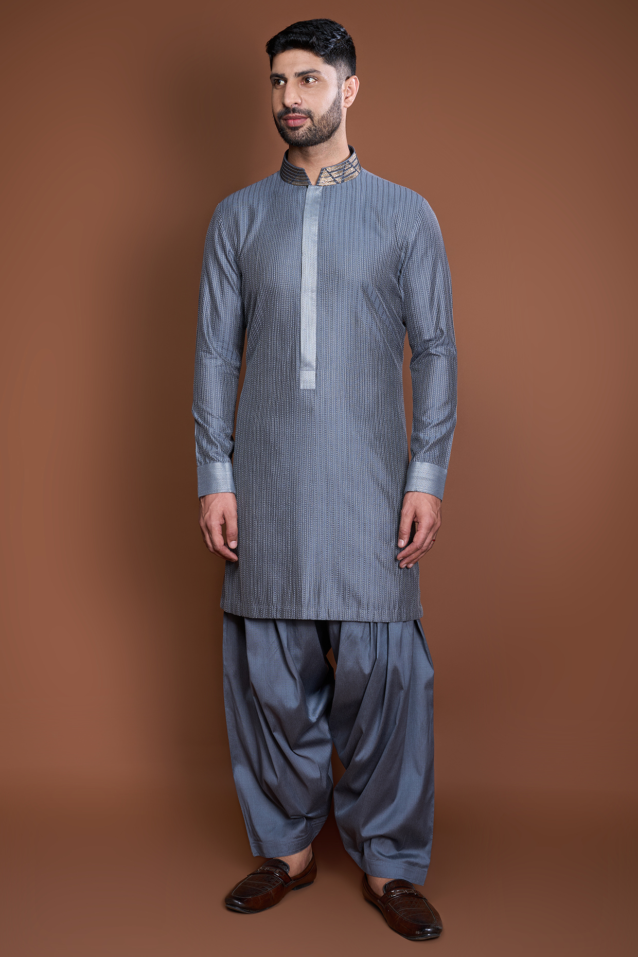 Grey Cotton Thread Textured Kurta Set by Kunal Anil Tanna