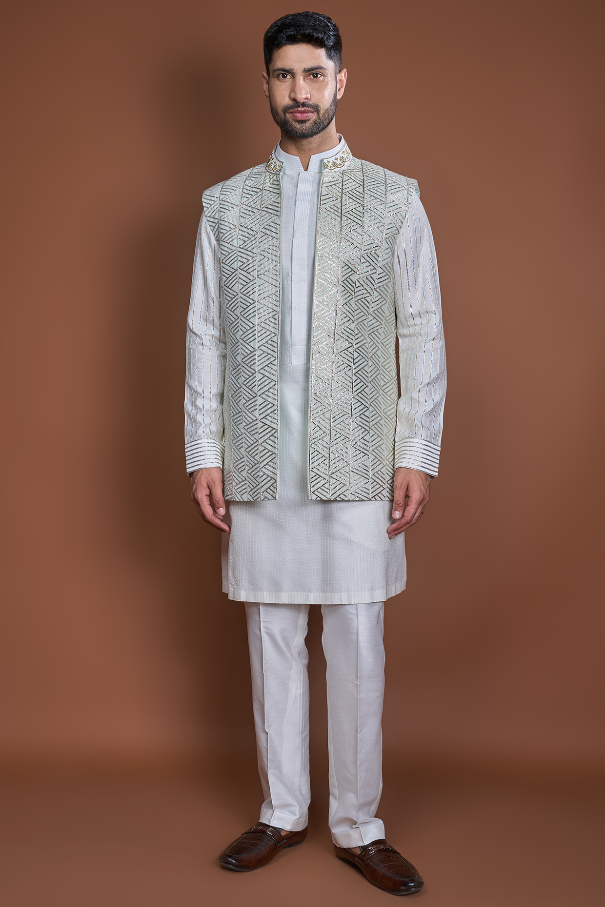Off-White Cotton Gota Textured Bundi Jacket Set by Kunal Anil Tanna