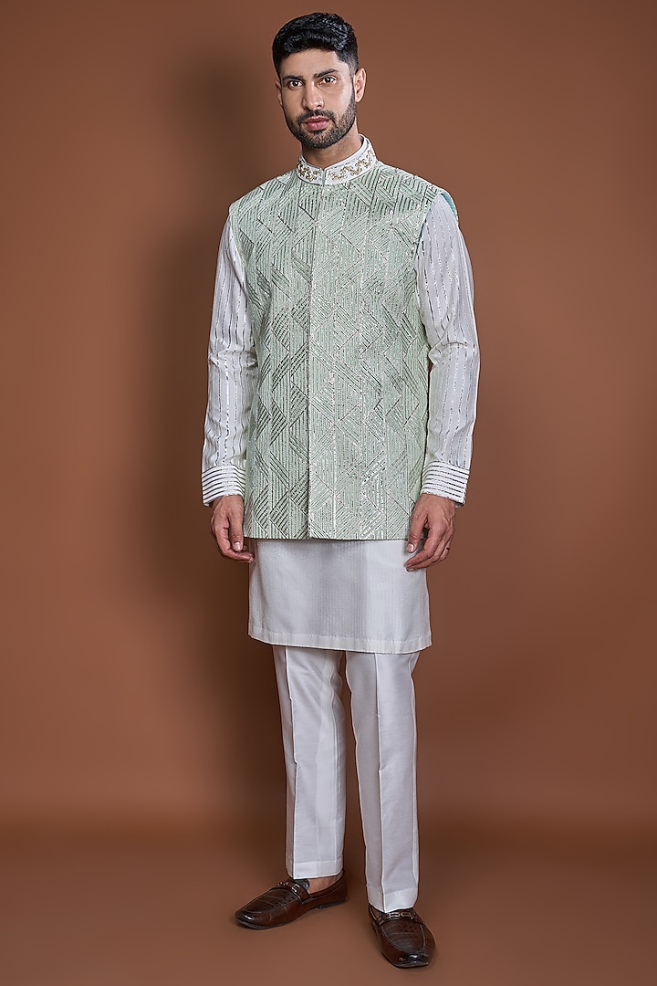 Off-White Cotton Gota Textured Bundi Jacket Set by Kunal Anil Tanna