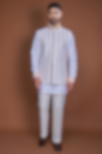 Off-White Cotton Zari Striped Bundi Jacket Set by Kunal Anil Tanna