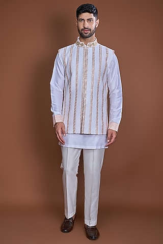 Off-White Cotton Zari Striped Bundi Jacket Set by Kunal Anil Tanna