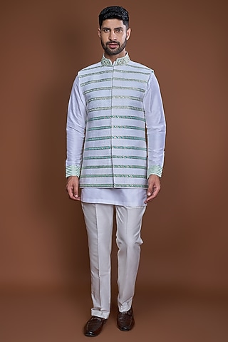 Off-White Cotton Zari Striped Bundi Jacket Set by Kunal Anil Tanna