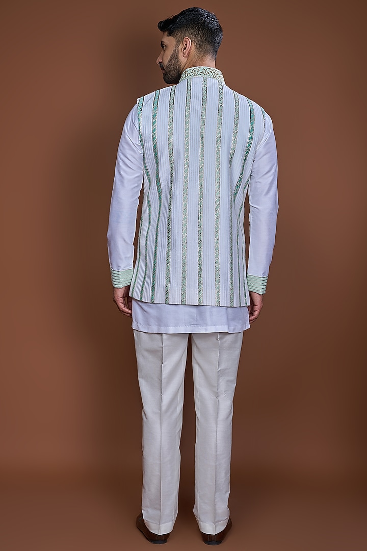Off-White Cotton Zari Striped Bundi Jacket Set by Kunal Anil Tanna at Pernia's Pop Up Shop