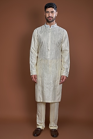 Yellow Cotton Badla Embroidered Kurta Set by Kunal Anil Tanna