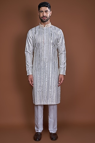 Lilac Cotton Badla Embroidered Kurta Set by Kunal Anil Tanna